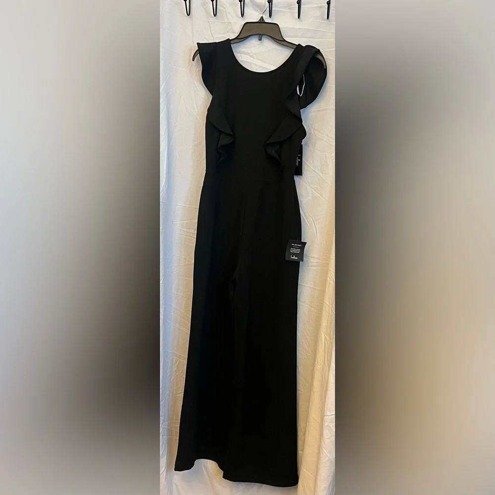 NWT M Lulu's Classic Black low back Ruffle Jumpsuit - Picture 10 of 11